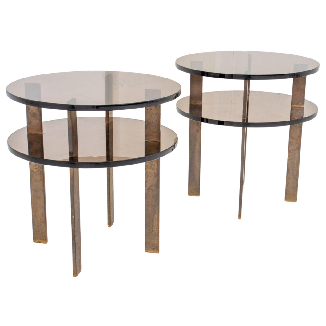 Modern Two Tier Glass and Gilt Bronze Tables - Pair