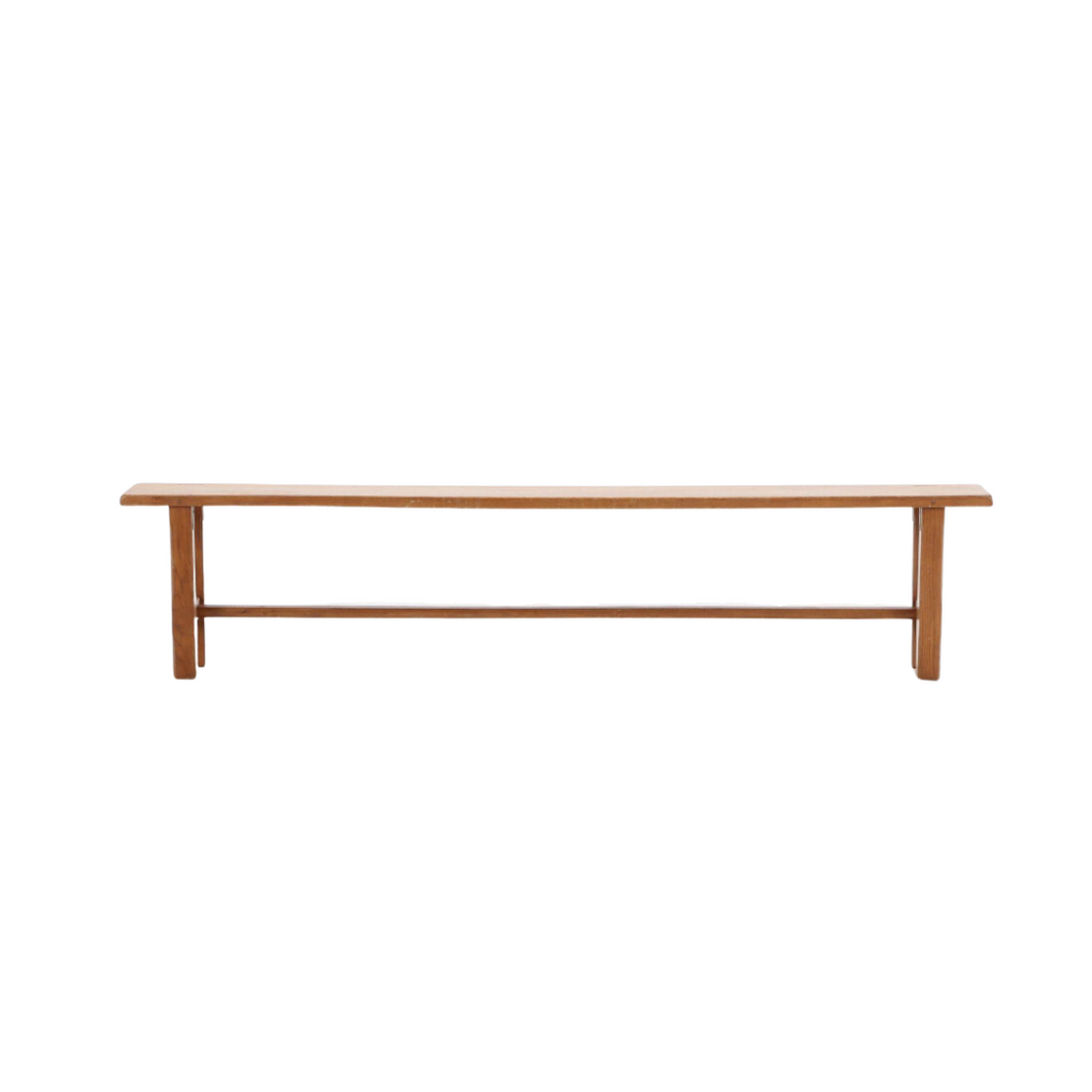 French Oak Bench with Mortis Construction and Stretcher Base c.1950